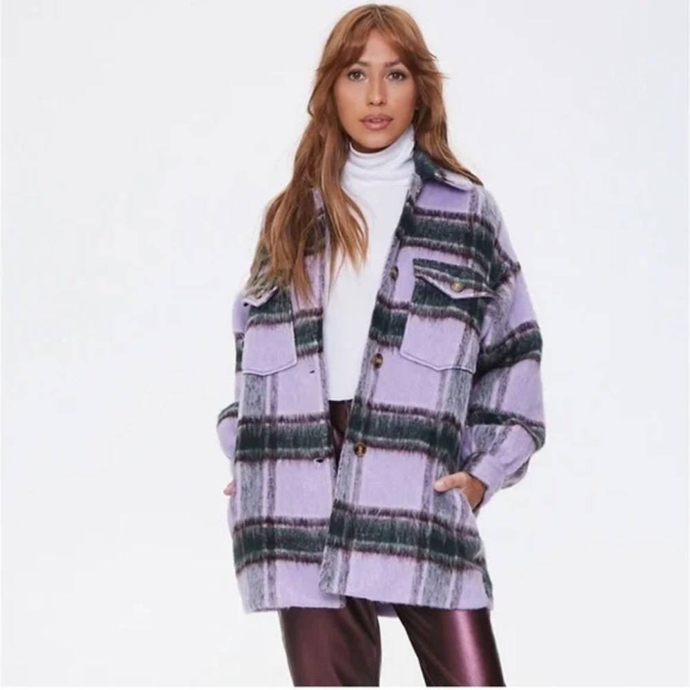 Forever 21 Lavender and Black Plaid Oversized Teddy  Shacket Jacket